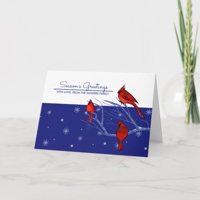 Season's Greetings. Red Cardinals Christmas Holiday Card (Front)
