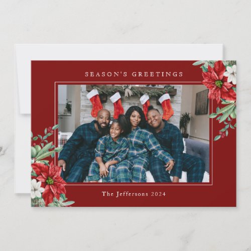 Seasons Greetings Red Custom Photo Christmas Card