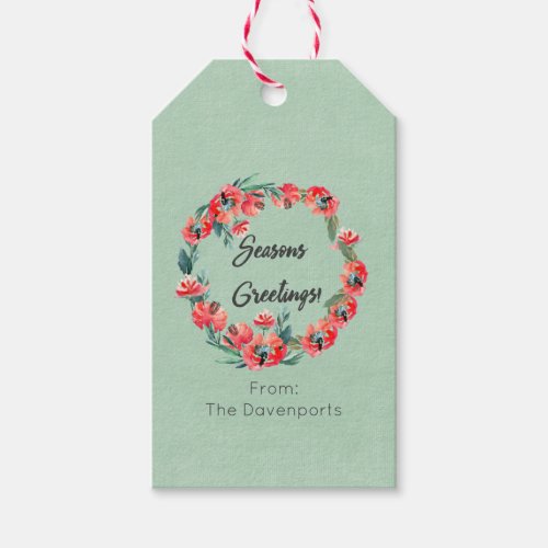 Seasons Greetings Red Floral Watercolor Wreath Gift Tags