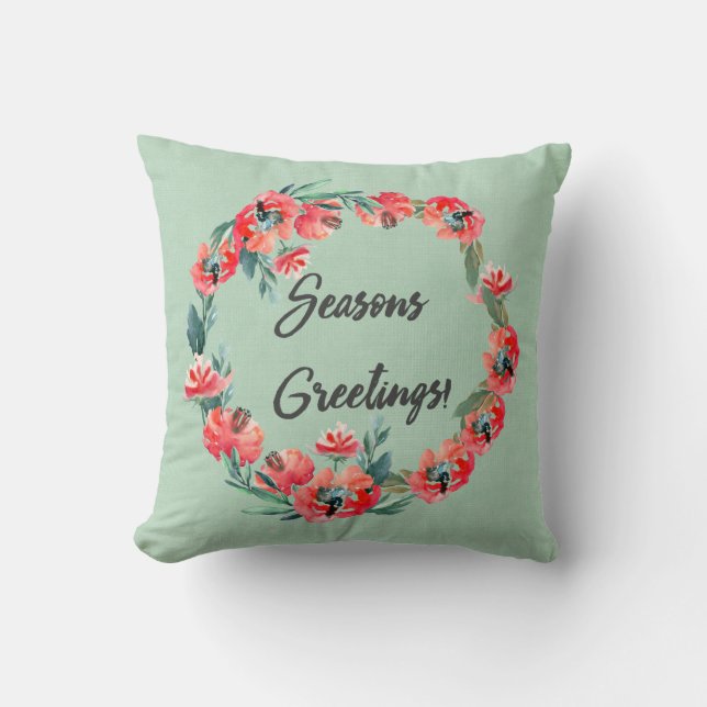 Seasons Greetings Red Floral Watercolor Wreath Throw Pillow (Front)