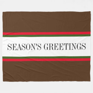 SEASON'S GREETINGS Red Green White Brown Stripes Fleece Blanket