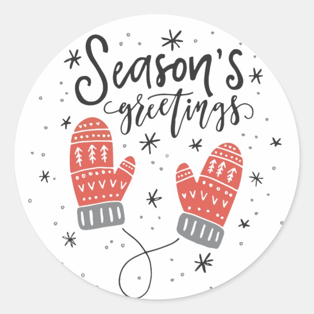 Season's Greetings Red Mittens Holiday Sticker I (Front)