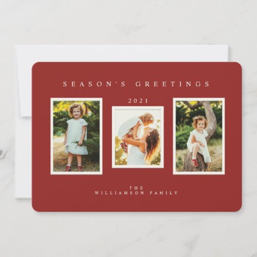 Seasons Greetings Red Modern Minimal 3 Photo Holiday Card