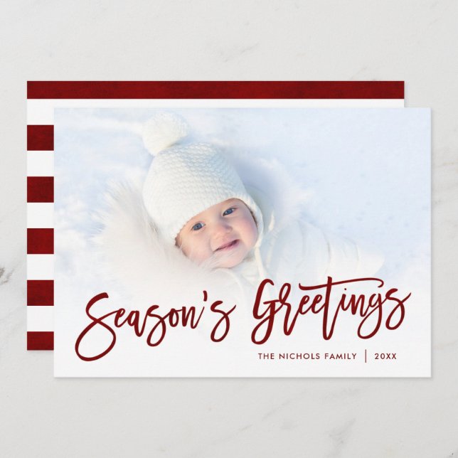 Season's Greetings Red Script Photo Overlay Holiday Card (Front/Back)