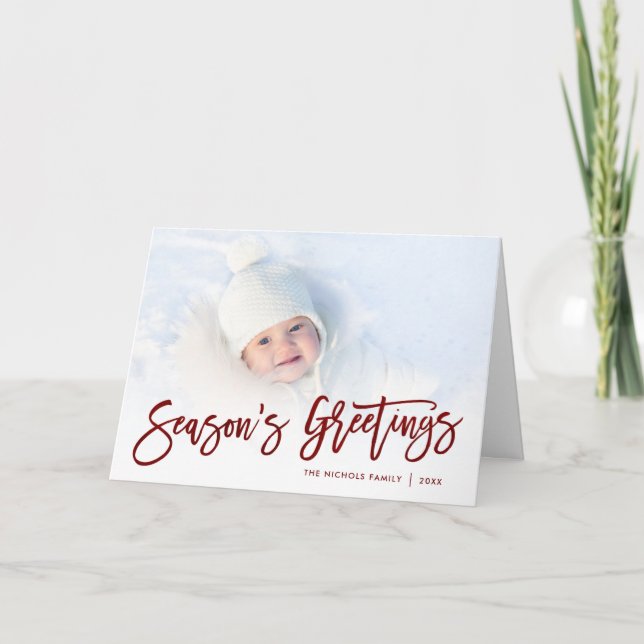 Season's Greetings Red Script Photo Overlay Holiday Card (Front)