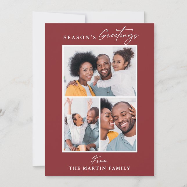 Season's Greetings Red Three Photo Collage Holiday Card (Front)