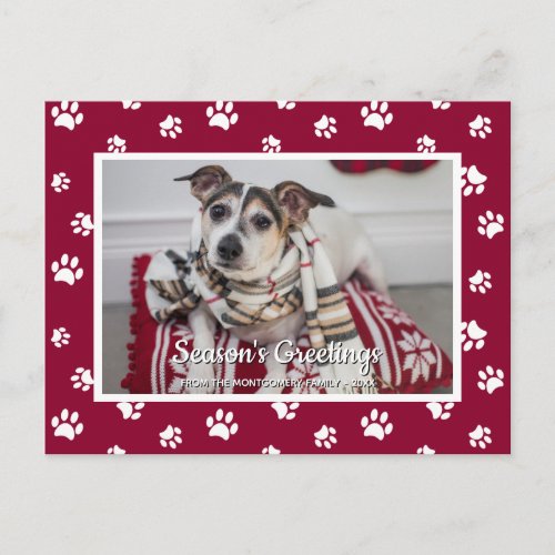 Seasons Greetings Red White Paw Prints Dog Photo Holiday Postcard