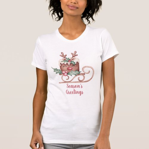 Seasons Greetings Reindeer Cake On A Sleigh T_Shirt