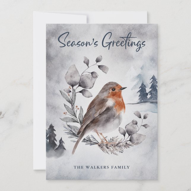 Seasons Greetings Robin Snow Personalized Card (Front)