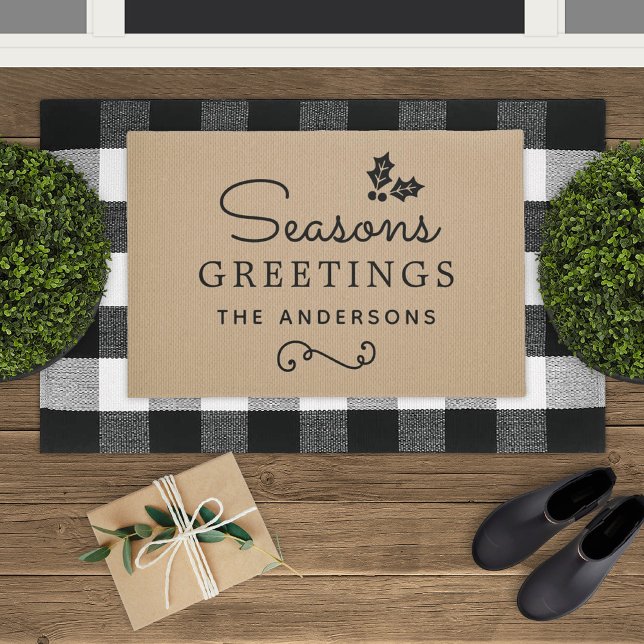 Seasons Greetings Rustic Tan Holly Family Name Doormat (Creator Uploaded)
