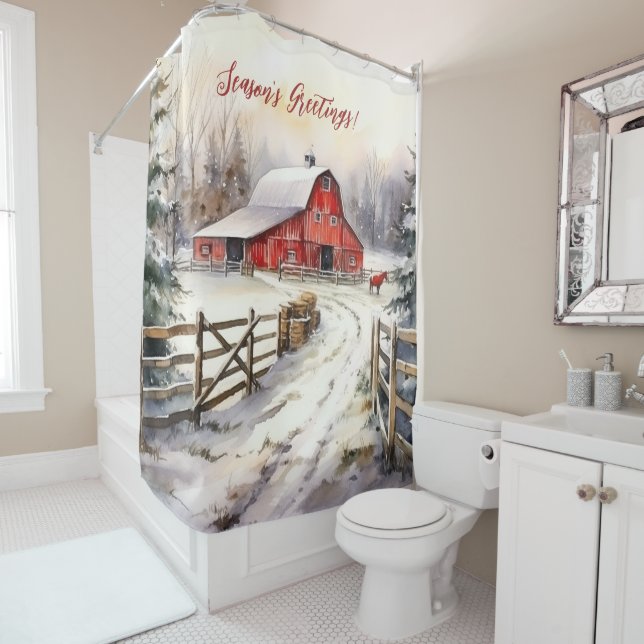 Season's Greetings Rustic Victorian Yard Christmas Shower Curtain (In Situ)