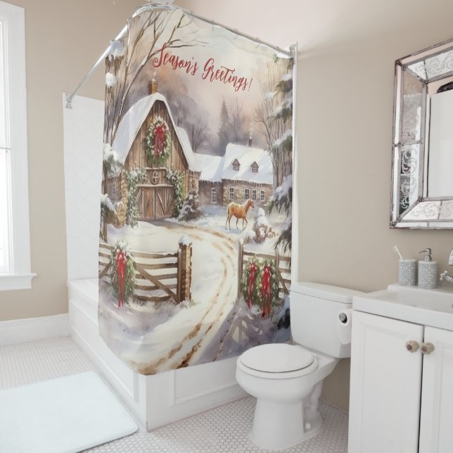 Season's Greetings Rustic Victorian Yard Christmas Shower Curtain (In Situ)