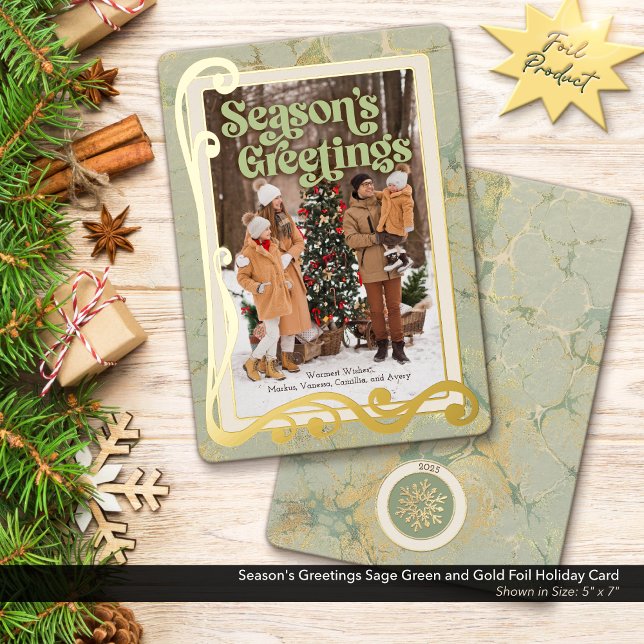 Season's Greetings Sage Green and Gold Foil Holiday Card (Say Season's Greetings with this luxurious gold foil holiday card.)