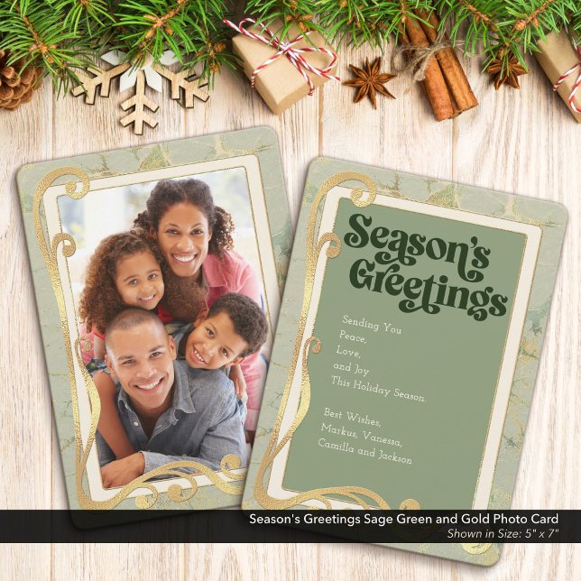 Season's Greetings Sage Green and Gold Photo Card (Season's Greetings, Sage Green and Gold Holiday Photo Greeting Card)