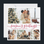 Season's Greetings Script Photo Collage Christmas Holiday Card<br><div class="desc">Elegant Calligraphy Minimalist Red and White 4 Photo Collage "Season's Greetings" Script Christmas Holiday Card. This festive, mimimalist, whimsical four (4) photo holiday card template features a pretty photo collage and says „Season's Greetings”. The text is written in a beautiful hand lettered cursive, swirly swash-tail font type. On the reverse...</div>
