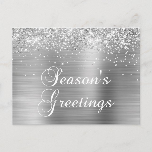 Season's Greetings Silver Glittery Faux Foil Holiday Postcard (Front)
