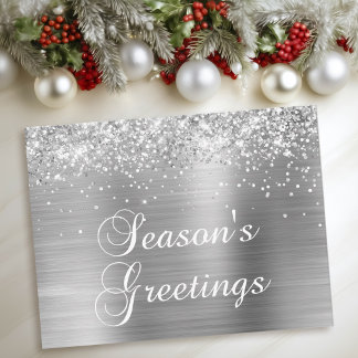 Season's Greetings Silver Glittery Faux Foil Holiday Postcard