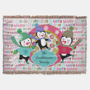 Seasons Greetings Skating Penguins Holiday Throw Blanket