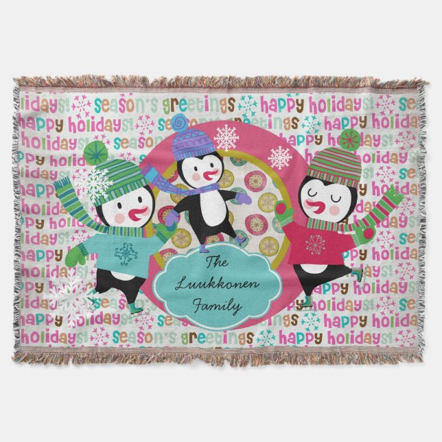 Seasons Greetings Skating Penguins Holiday Throw Throw Blanket (Front)