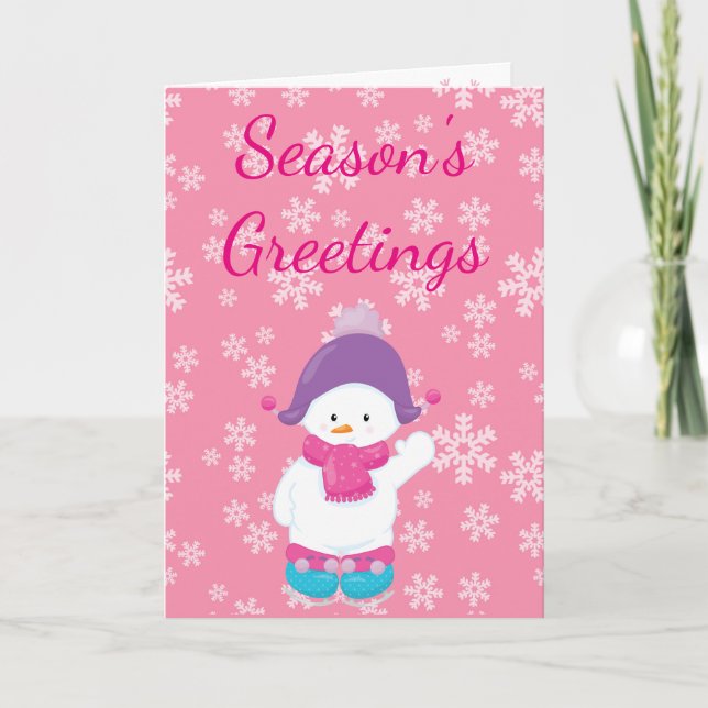 Season's Greetings Snow man Pink Holiday Card (Front)