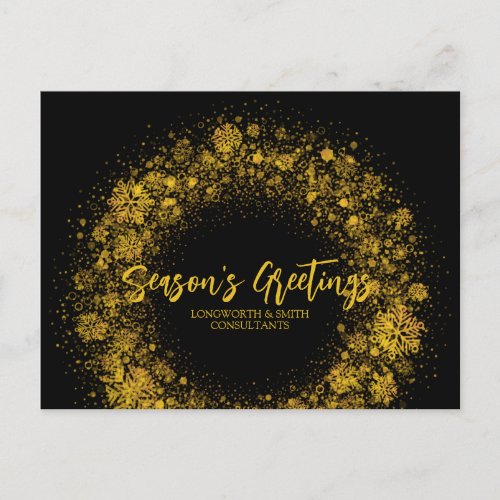 Seasons Greetings snowflake wreath black gold Car Postcard