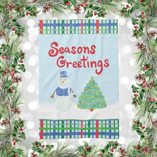 Seasons Greetings Snowman and Christmas Tree Kitchen Towel