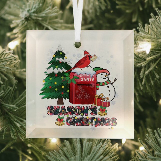 Season's Greetings Snowman Mailbox Cardinal Glass Ornament (Insitu)