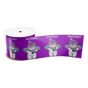 Seasons Greetings, Snowman Merry Christmas Purple Satin Ribbon