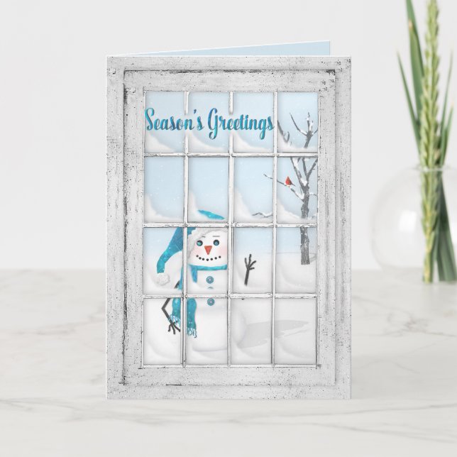 SEASON'S GREETINGS - SNOWMAN THROUGH WINDOW PANES HOLIDAY CARD (Front)
