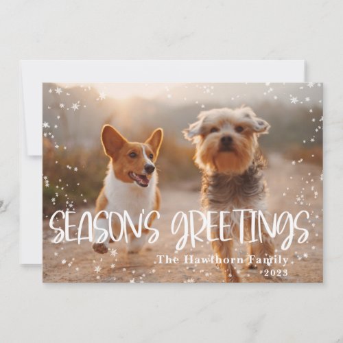 Seasons Greetings Snowy Frame Photo Holiday Card