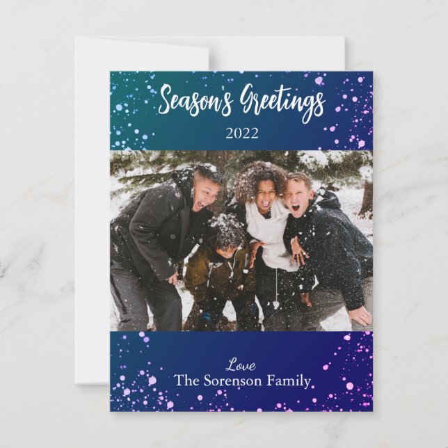 Seasons Greetings Snowy Photo Blue Purple White   Holiday Card (Front)