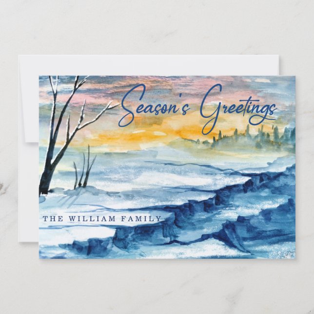 Seasons Greetings Snowy River Sunrise Personalized Holiday Card (Front)