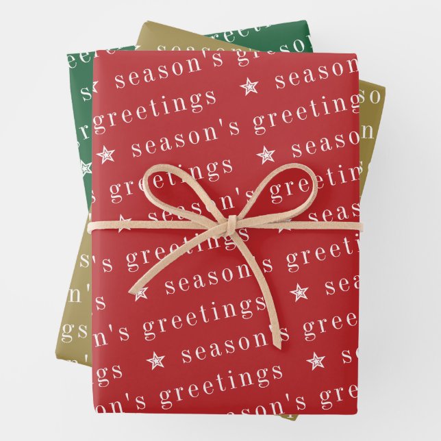 Season's Greetings Star Red Green Gold Christmas Wrapping Paper Sheets (In situ)