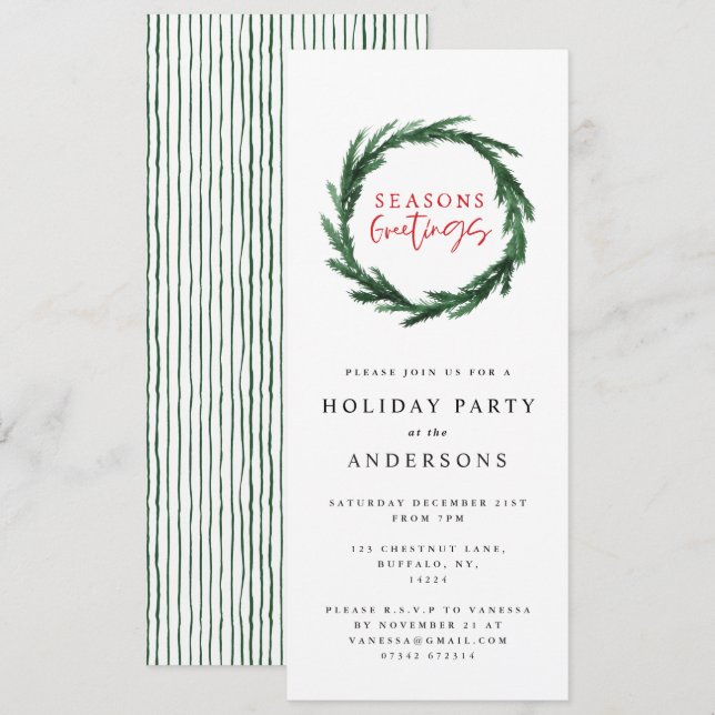 Seasons greetings stripe watercolor wreath holiday invitation (Front/Back)