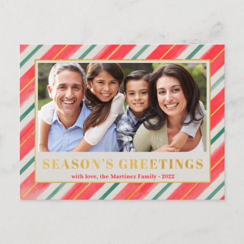 Seasons Greetings Stripes Photo Christmas Holiday Postcard
