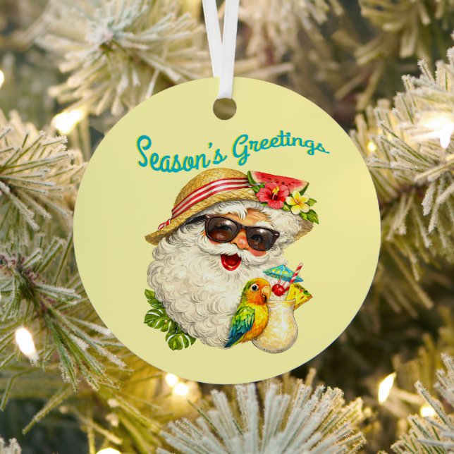 Season's Greetings - Summer Santa Metal Ornament (Insitu)