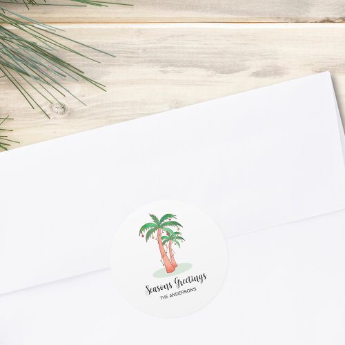 Seasons Greetings Tropical Palm Tree Classic Round Sticker