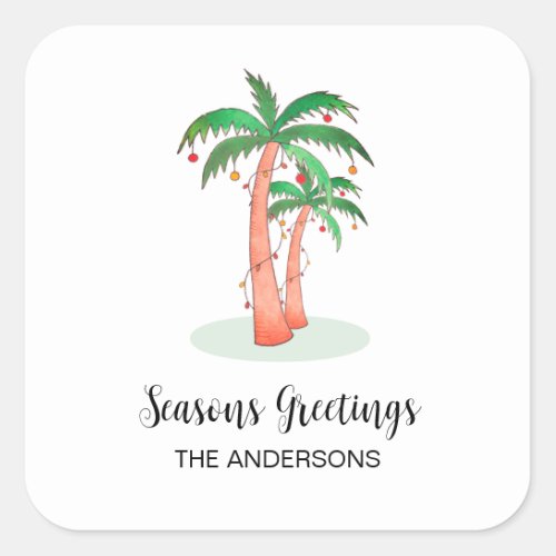 Seasons Greetings Tropical Palm Tree Square Sticker