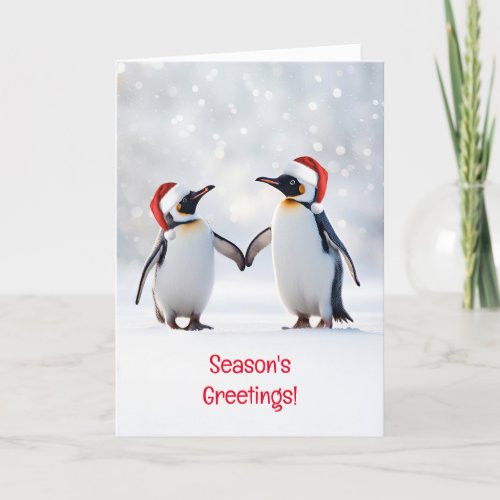 Seasons Greetings Two Penguins in the Snow Cute Card