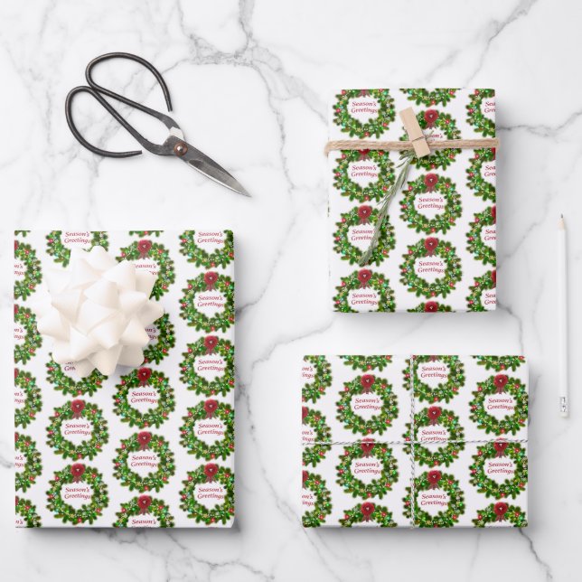Season's Greetings Typography Wreath Red Green Wrapping Paper Sheets (Front)