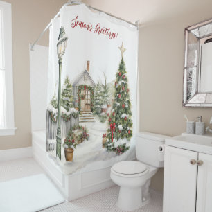 Season's Greetings Victorian Yard Christmas Scene Shower Curtain