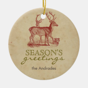 Season's Greetings Vintage Christmas Deer Rustic Ceramic Ornament