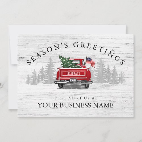 Seasons Greetings Vintage Red Truck Flag Business Holiday Card