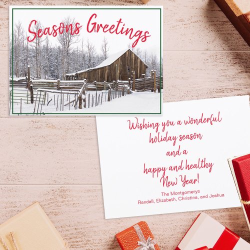 Seasons Greetings Vintage Snowy Barn Photograph Holiday Card