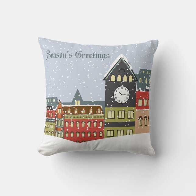 Season's Greetings Vintage Town Snow Scene Throw Pillow (Front)