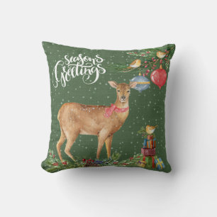 Seasons Greetings Watercolor Deer Winter Scene Throw Pillow