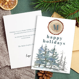 Seasons greetings watercolor forest LOGO corporate Holiday Card