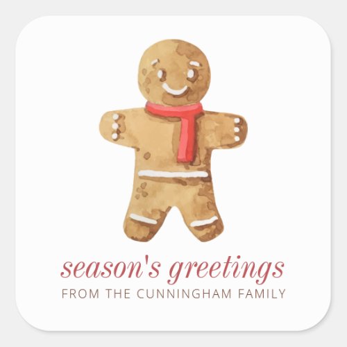 Seasons Greetings Watercolor Gingerbread Man Square Sticker