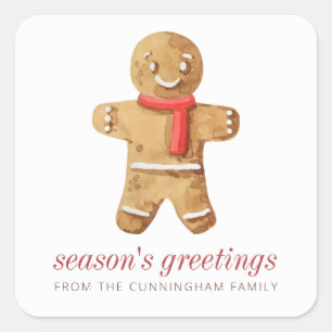 Season's Greetings Watercolor Gingerbread Man Square Sticker