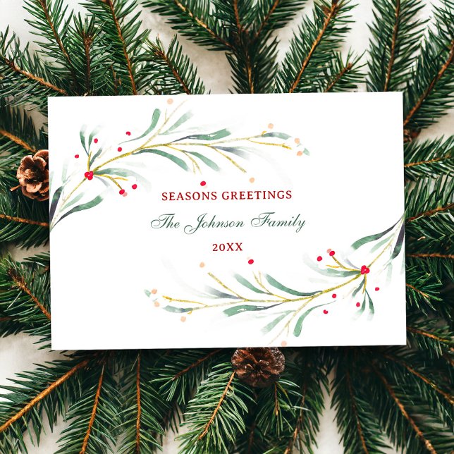 Seasons Greetings Watercolor Greenery Non Photo Holiday Card (Creator Uploaded)
